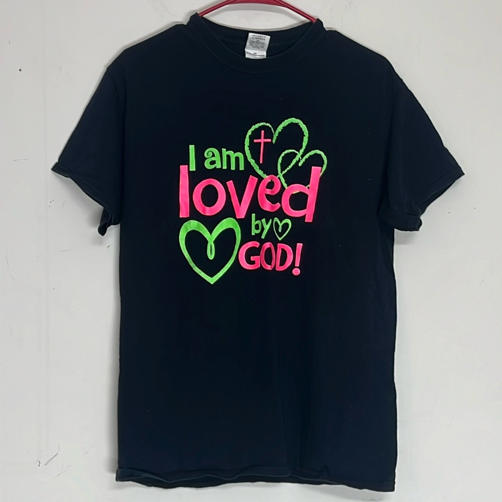 🌞 Gildan black short sleeve crew neck 2 sided graffic neon print God tee men M